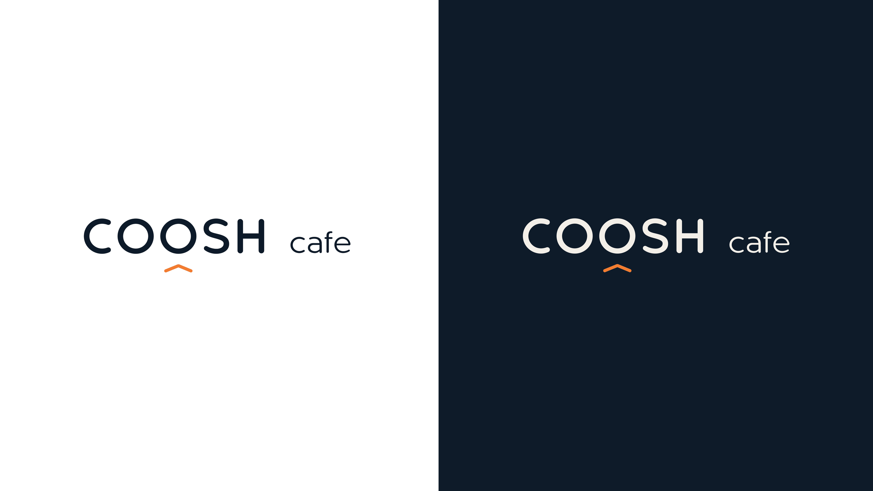شعار COOSH cafe بالكحلي على خلفية فاتحة، وبالأبيض على خلفية كحلية، والسهم البرتقالي تحت الاسم
