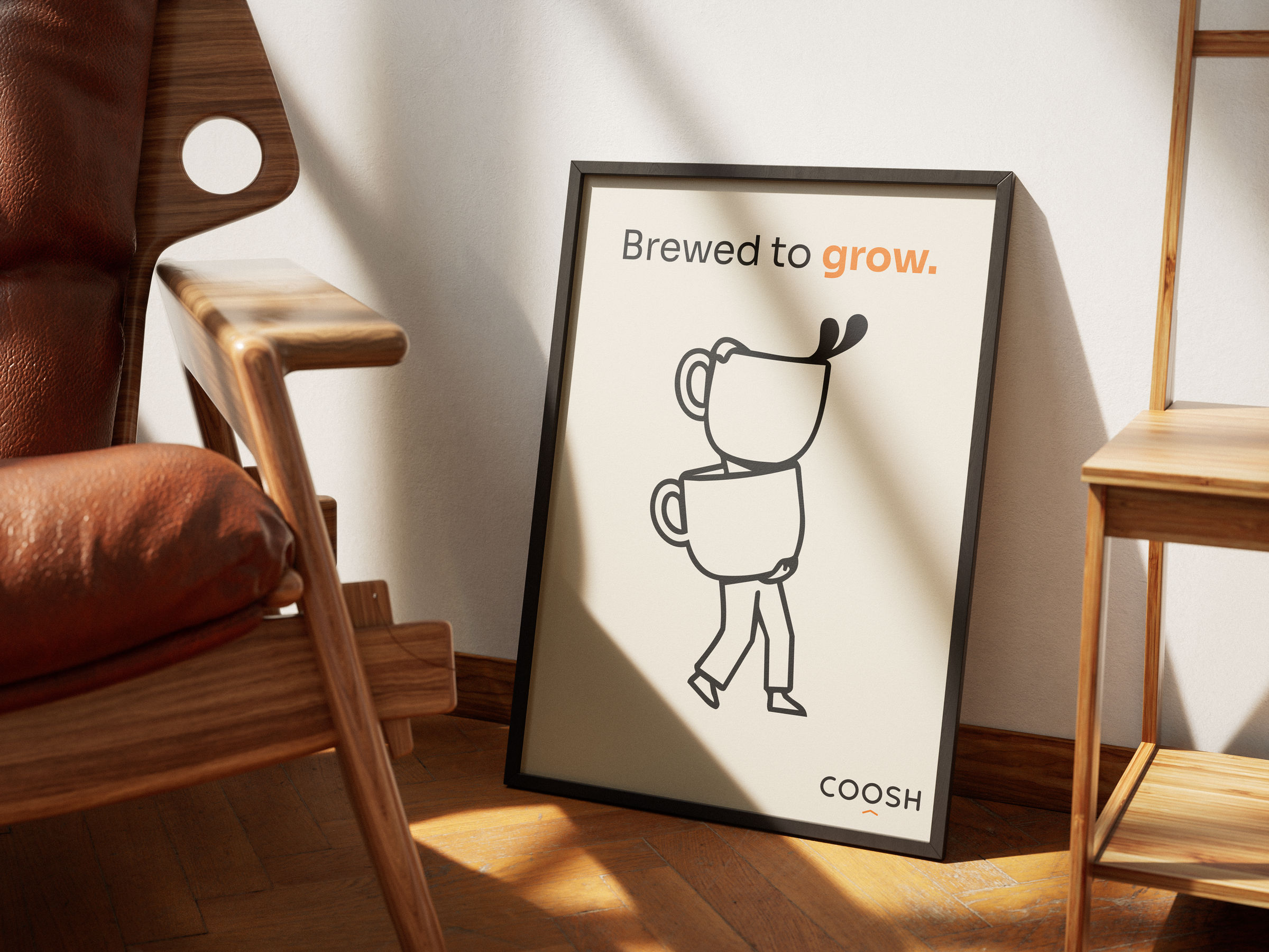 ملصق COOSH بالشعار النصي Brewed to grow وشخصية تحمل كوبين بخط واحد