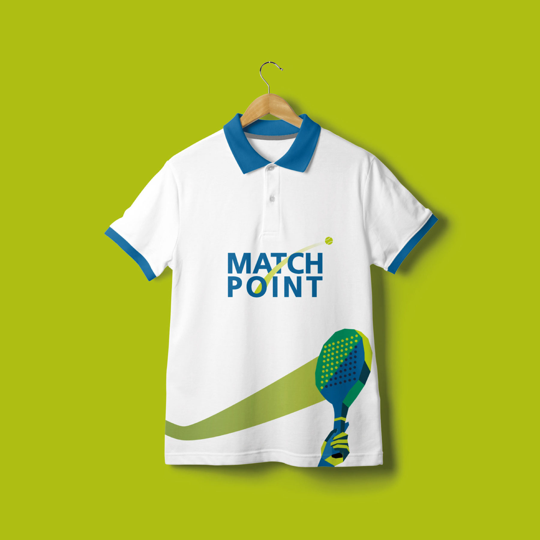 قميص بولو أبيض بشعار Match Point ومضرب Padel على خلفية ليمونية