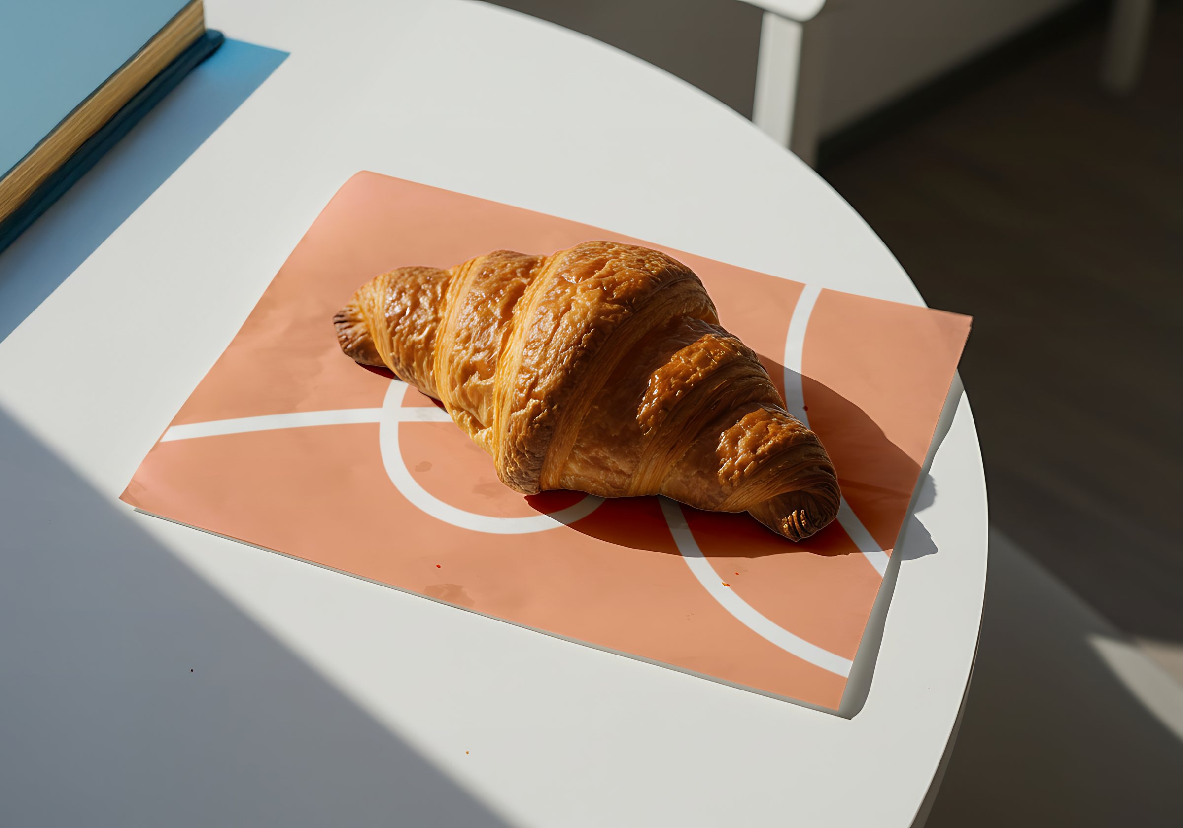 ورق صوفيا الخوخي تحت Croissant على طاولة بيضاء